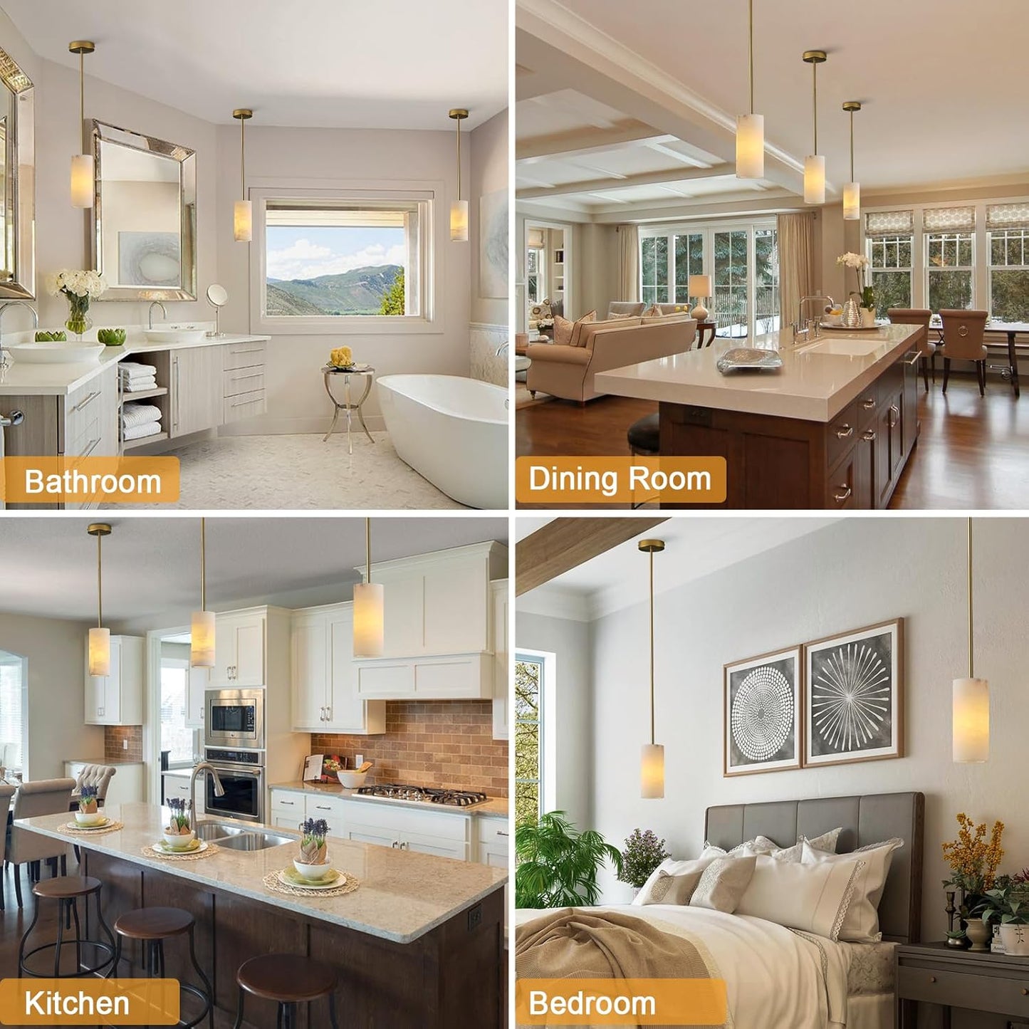 Alabaster Pendant Light Kitchen Island, H-9.5in Brass Pendant Light Fixtures with Natural Marble Shade, Adjustable Ceiling Pendant for Dining Room, Living Room, Bedroom & Bathroom