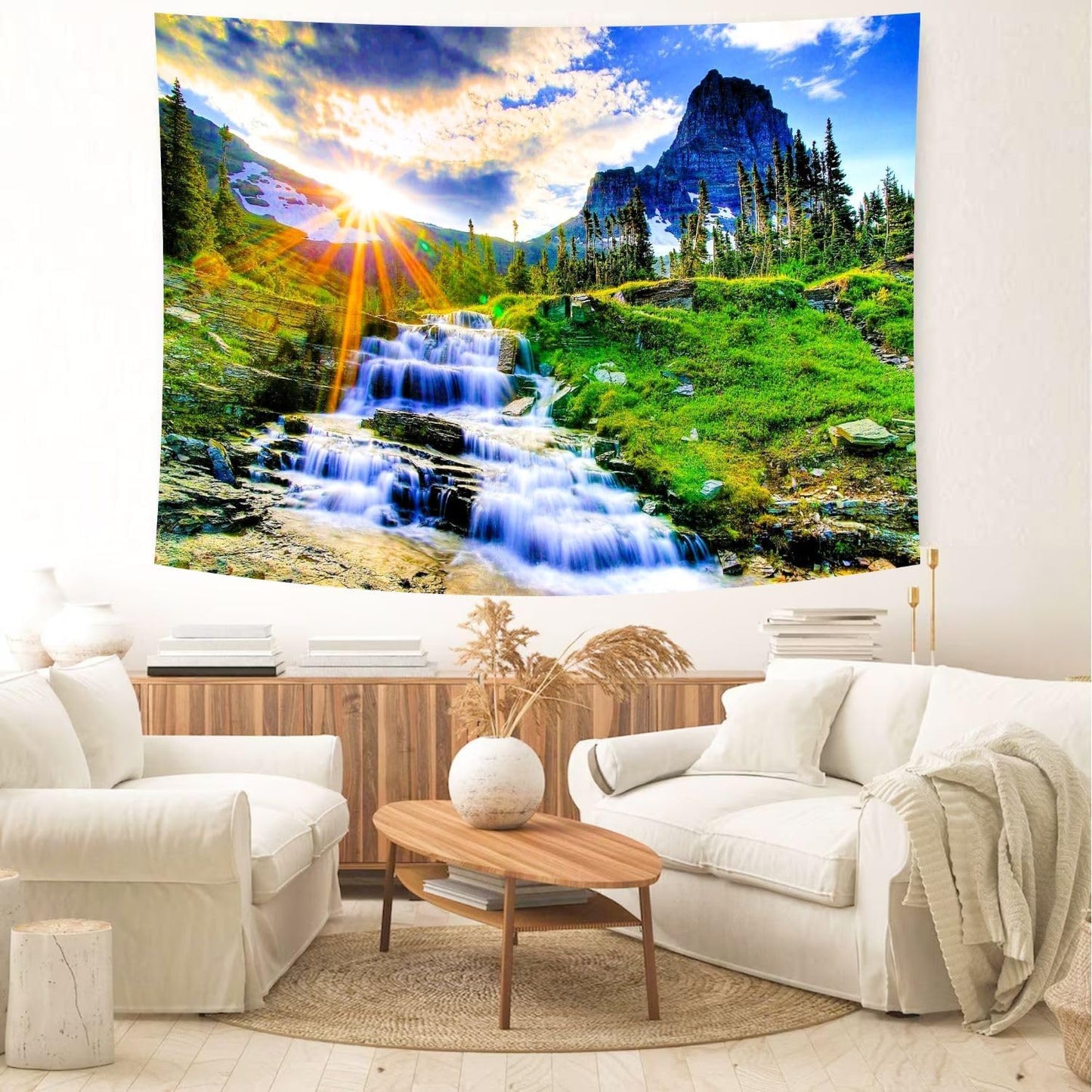 Delur Mountain Waterfall Tapestry Sunset Forest Tree Nature Landscape Tapestry Wall Hanging Tropical Sunrise Rainforest Psychedelic Scenic Headboard for Bedroom Living Room Home Decor (51.2" x 59.1")