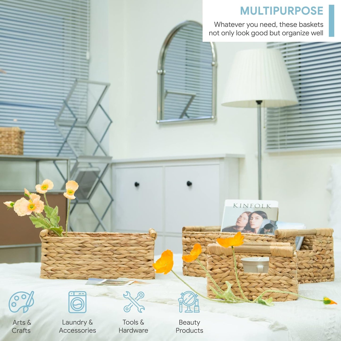 VATIMA Hyacinth Wicker Basket Set 3 size - Rectangular, Wooden Handles, Shelf Organizer, Natural Bins