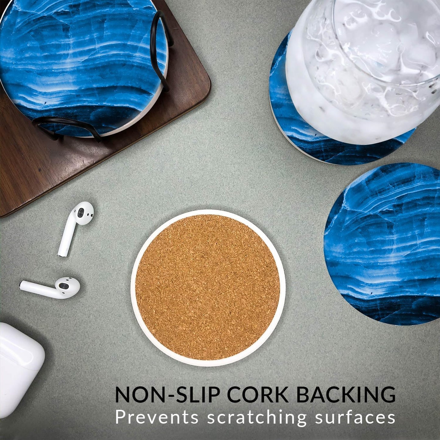 Emerson Coasters for Drinks Absorbent – Dining Table Set of 6 with Holder, 100% Ceramic Wooden Tabletop Protection Marble Style - Non Slip & Cork Bottom - Heavy Duty (Blue Stone)