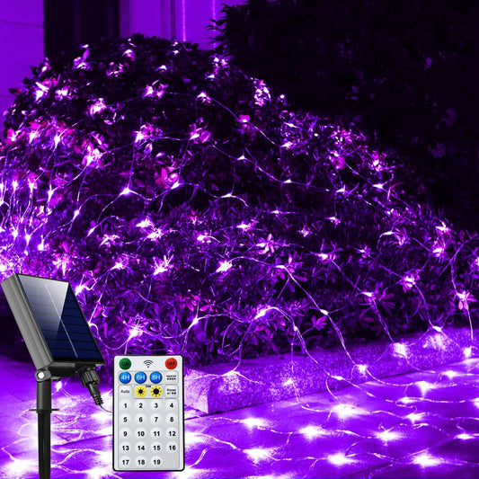 Curyidy Solar Net Halloween Lights Purple,200 LED Net Lights Outdoor Mesh Lights, 19 Modes Solar Powered/USB Remote Control String for Garden, Yard, Bushes, Trunk, Halloween, Xmas Tree Decor