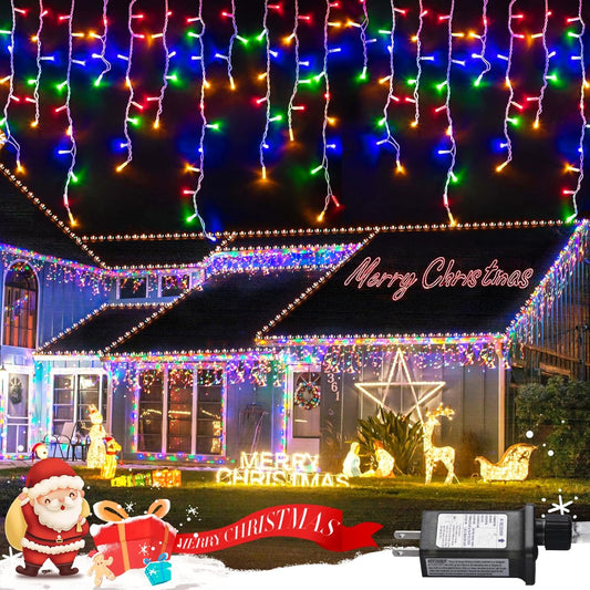 JMEXSUSS 800 LED Christmas Icicle Lights Outdoor Plug-in, Multicolor Waterproof, 8 Modes With 160 Drops for Bedroom House Holiday Party Decorations