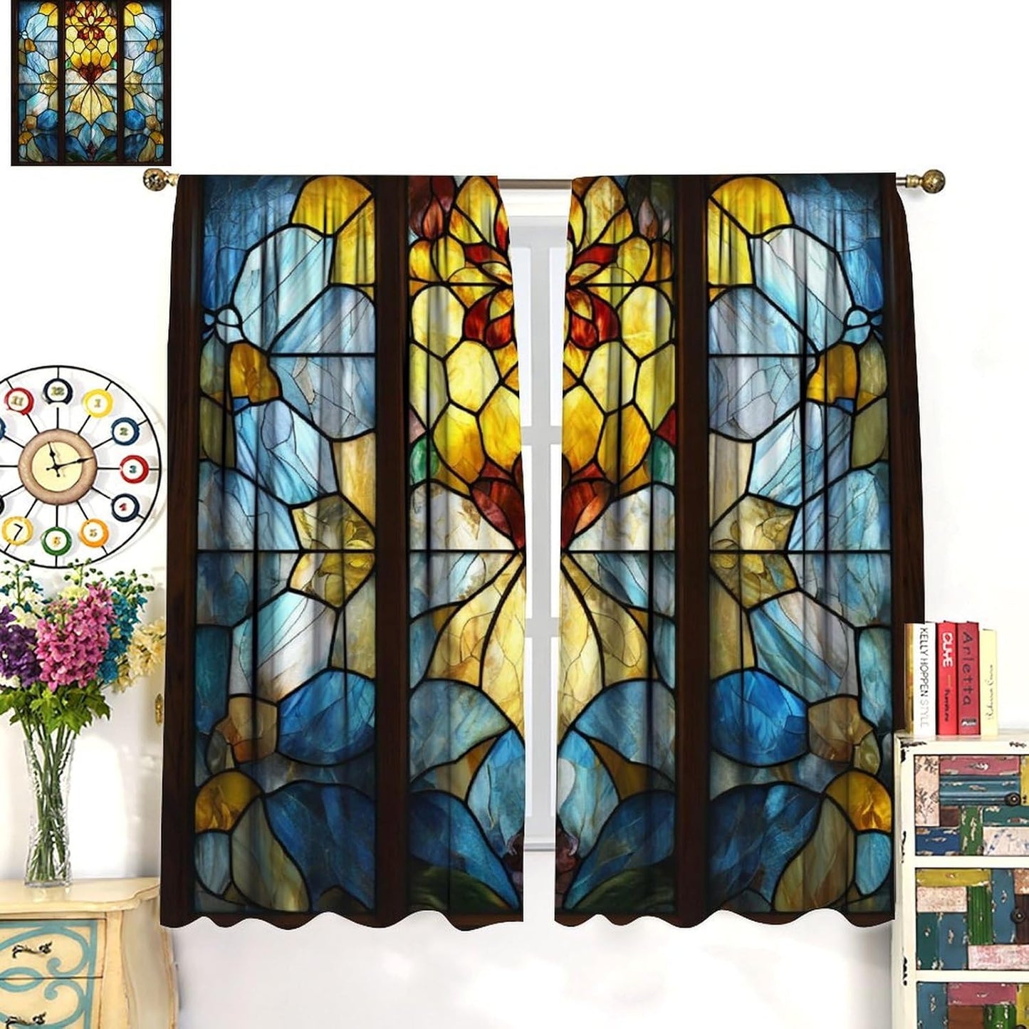 Stained Glass Curtains,Retro Abstract Colorful Art Home Decor Drapes for Bedroom Living Room Kitchen Window Treatment 2 Panels Set Total Size 42" W X 45" L Inch
