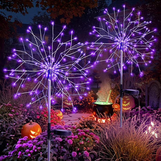 suddus 2 Pack Purple Halloween Lights Outdoor, 150LED Purple Solar Garden Lights with 8 Modes, Waterproof Solar Firework Light for Halloween Yard Garden Decorations