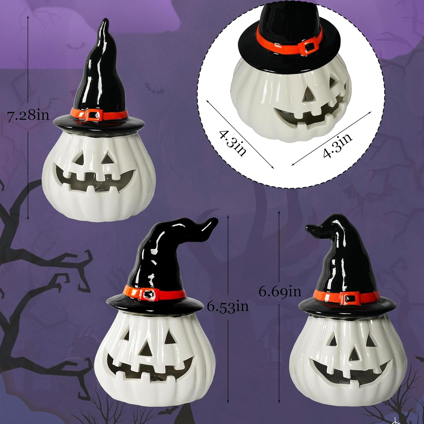 NEROSUN 3 Pack Halloween Light Up Pumpkin Decorations, Ceramic Battery Operated Lighted Jack O Lantern Figurines, Spooky Halloween Ornaments for Indoor Home Fireplace Tabletop Centerpieces