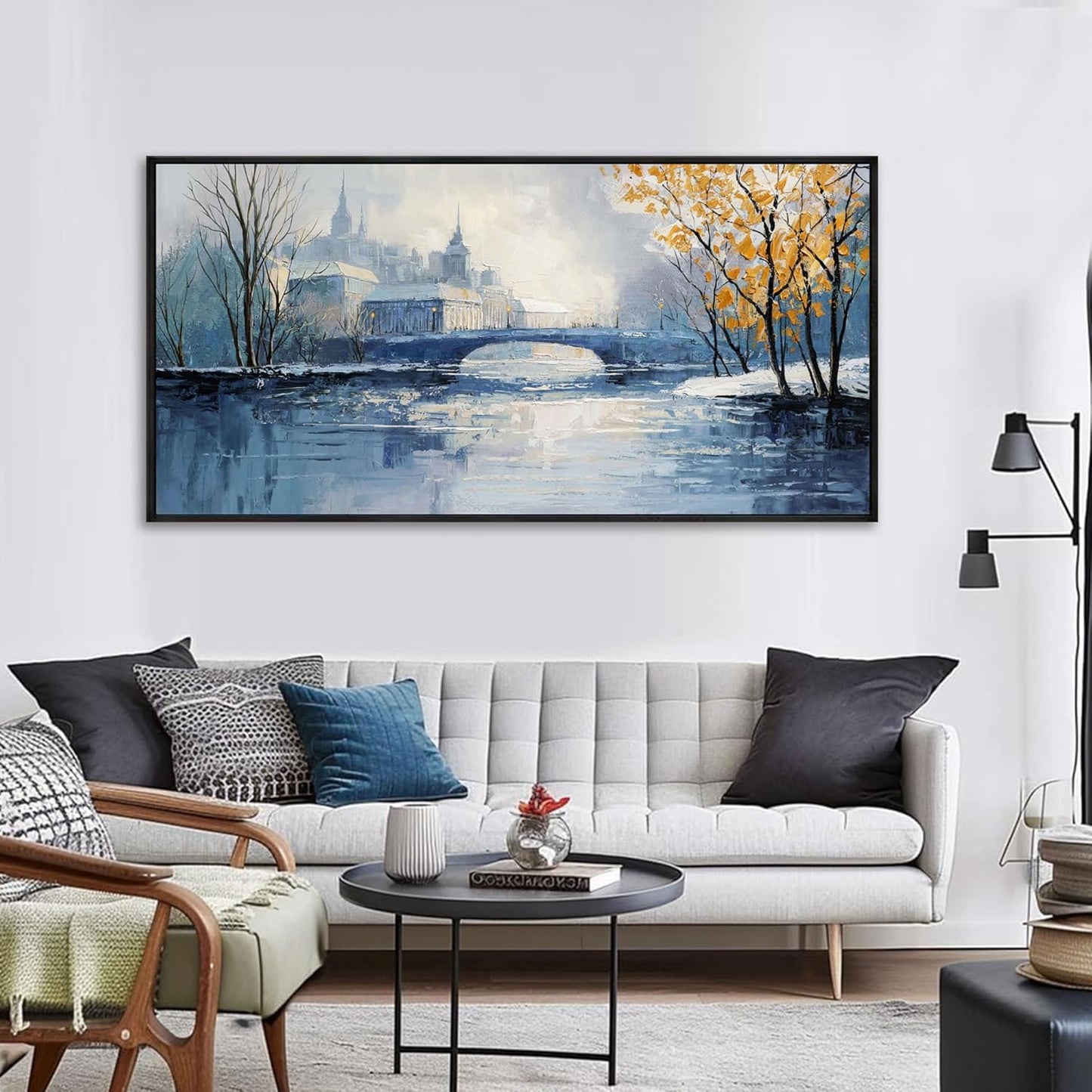 yiijeah Paintings Wall Decor - Wall Frames for Living Room Decorations Abstract Canvas Wall Art Blue and White Extra Large Artwork for Bedroom Office Home Decoration