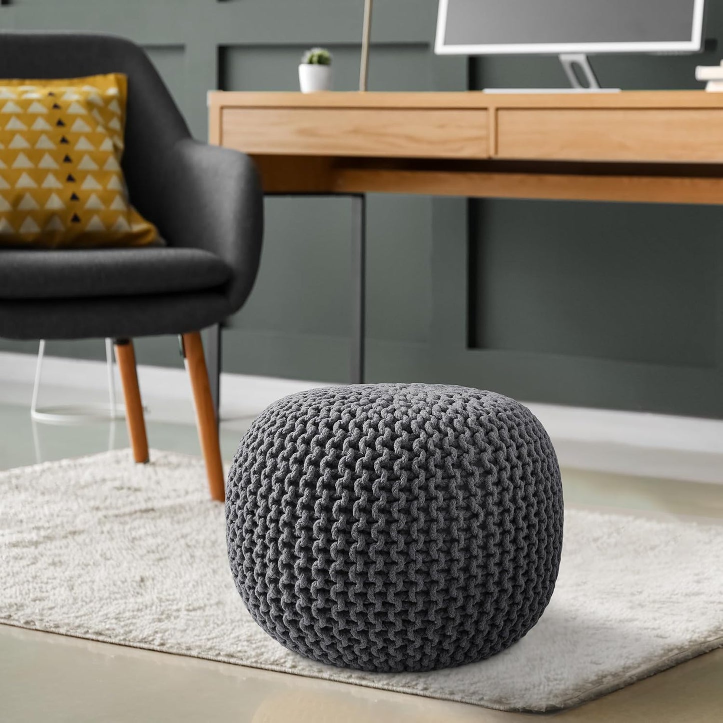 Casafield Round Pouf Ottoman, Dark Gray - 20" Diameter x 14.5" High Cotton Knit Foot Stool - Boho Floor Pouffe for Living Room, Bedroom, Home Office