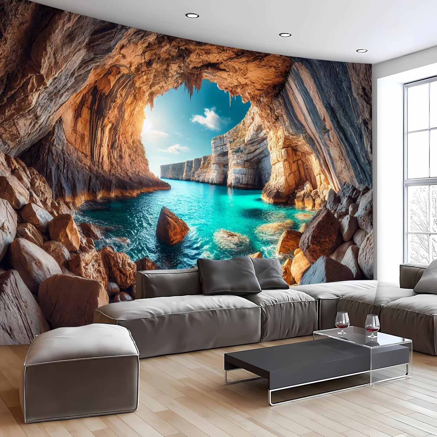 BSFHH Nature Tapestry Forest Tree Sea Cave Wall Hanging, Stream Through Rainforest Landscape Wall Art Tapestry for Bedroom Living room (Cave Sea View, 90"×70", Unframed)