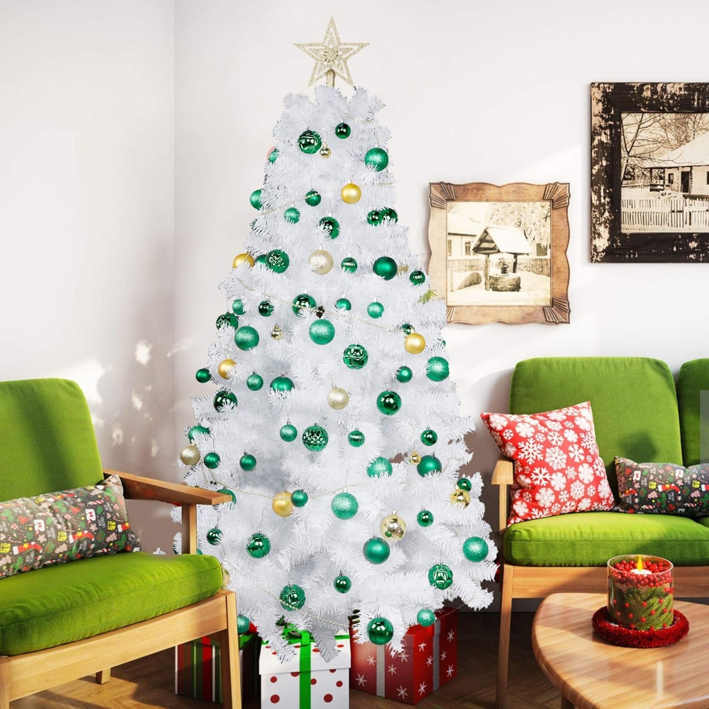 Lulu Home Christmas Ball Ornaments, 34 Ct 1.57" Pre-Strung Hanging Ornament Decorations, Xmas Shatterproof Plastic Balls for Holiday Party Wreath Garlands Trees, Green