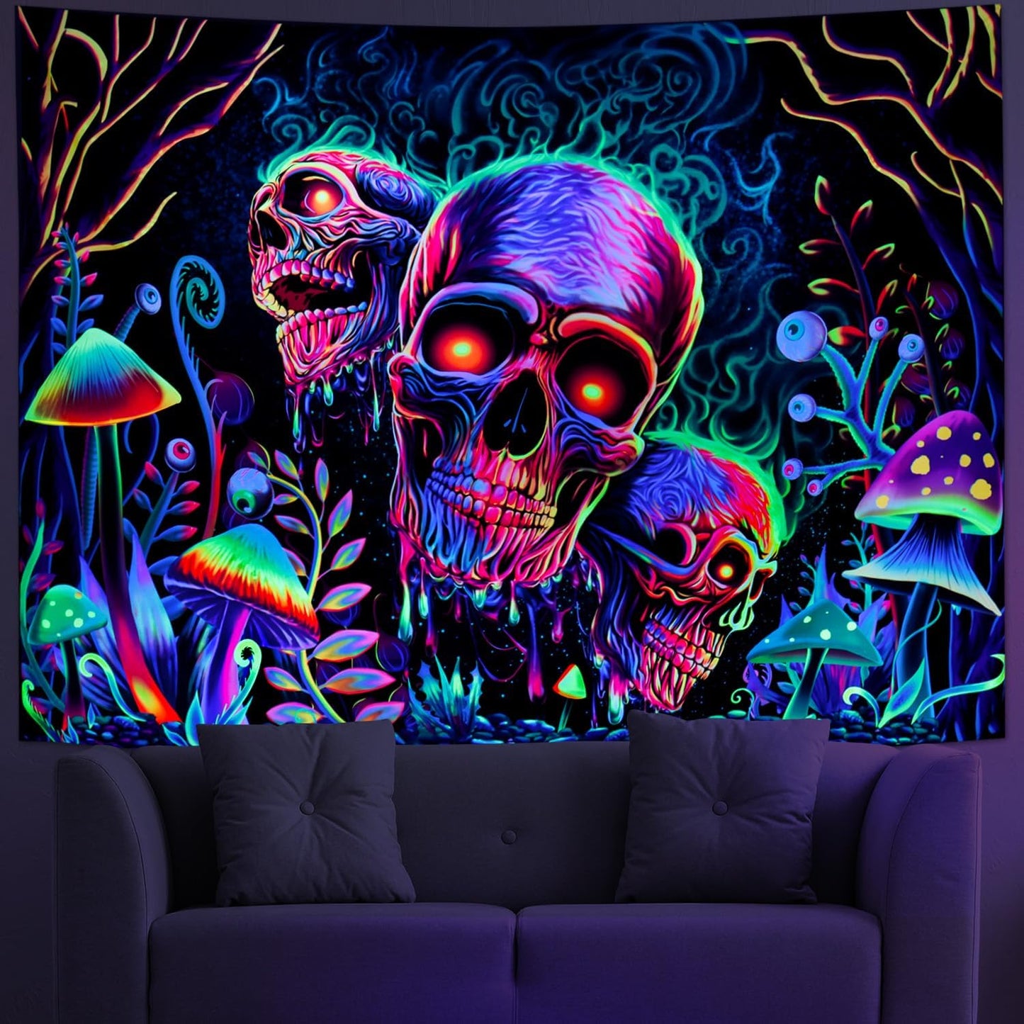 Amonercvita Blacklight Skull Tapestry Trippy Skeleton Wall Tapestries UV Reactive Neon Plants Trees Tapestries Aesthetic Galaxy Space Tapestry Wall Hanging for Bedroom Decor(H70.8×W92.5 inches)