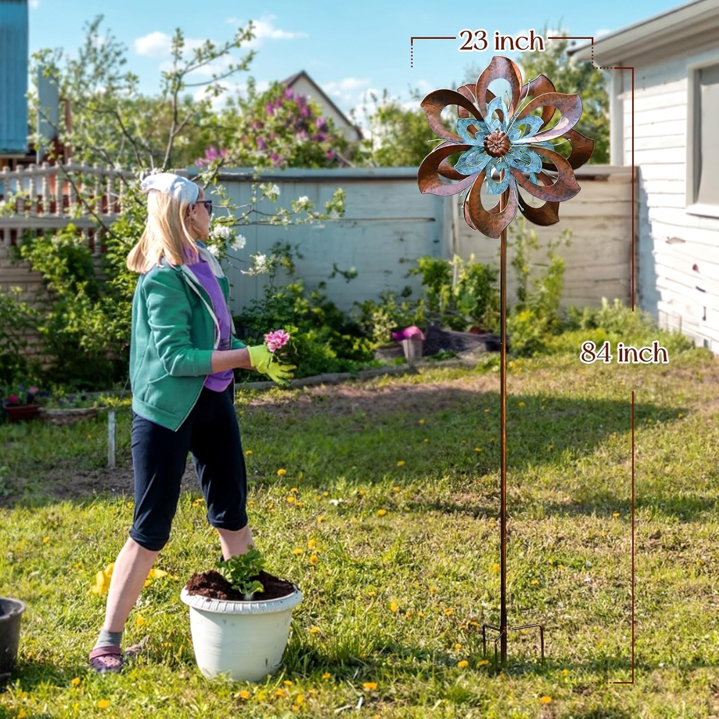 Garden Wind Spinner,Flower Wind Spinner,Outdoor Metal Wind Sculpture & Spinner Large 23 inch Dia 84 inch Height Kinetic Windmill for Garden Yard