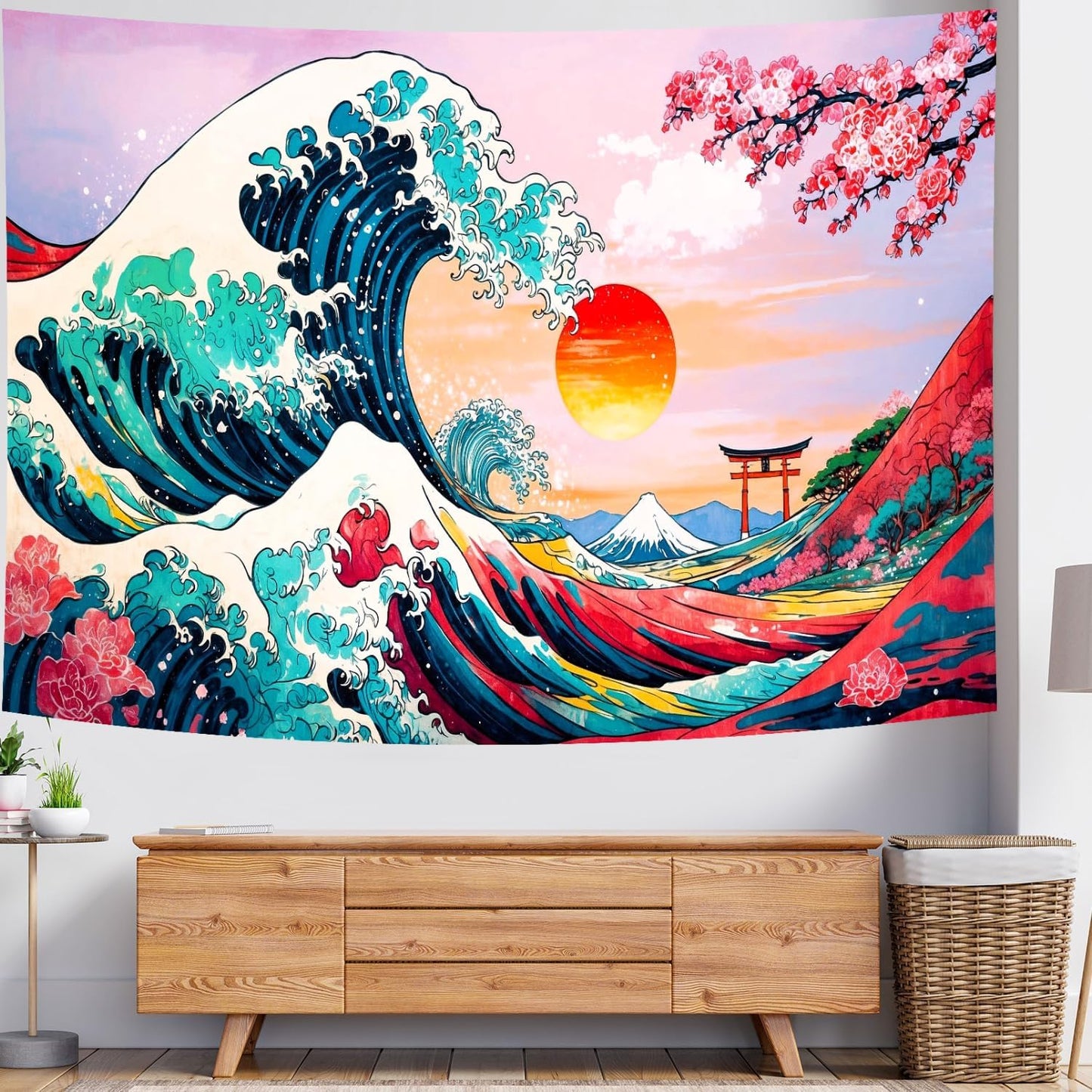 Delur Great Wave Tapestry Japanese Sunset Ocean Sea Wave Off Kanagawa Tapestry Wall Hanging Vintage Asian Anime Cherry Blossom Nature Headboard for Bedroom Living Room Home Decor (70.8" x 92.5")