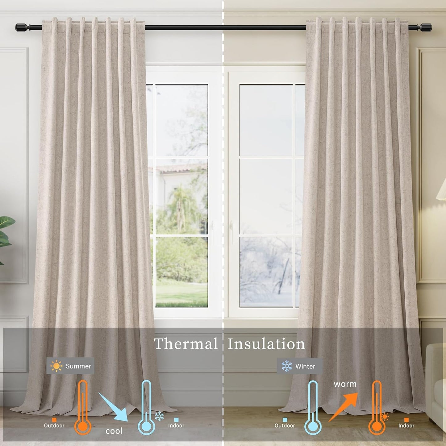 BOODII Oatmeal Linen 100% Blackout Curtains 100 Inch Extra Long Room Darkening Light Blocking Thermal Insulated Window Drapes Back Tab for Living Dining Room Nursery Natural Flax Linen Look Curtains