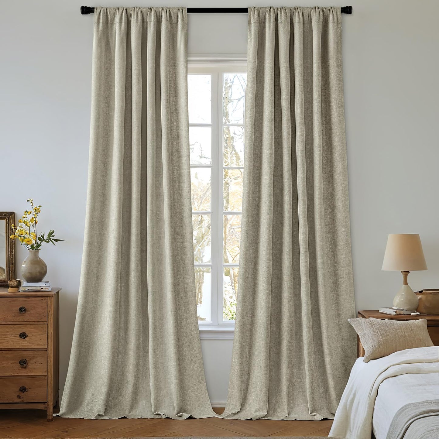 MIULEE 100% Blackout Curtains 90 Inch Long 2 Panels Set for Bedroom, Thick Luxury Faux Linen Black Out Curtain Room Darkening Back Tab Pleat Window Textured Drapes with Hooks for Living Room, Oatmeal