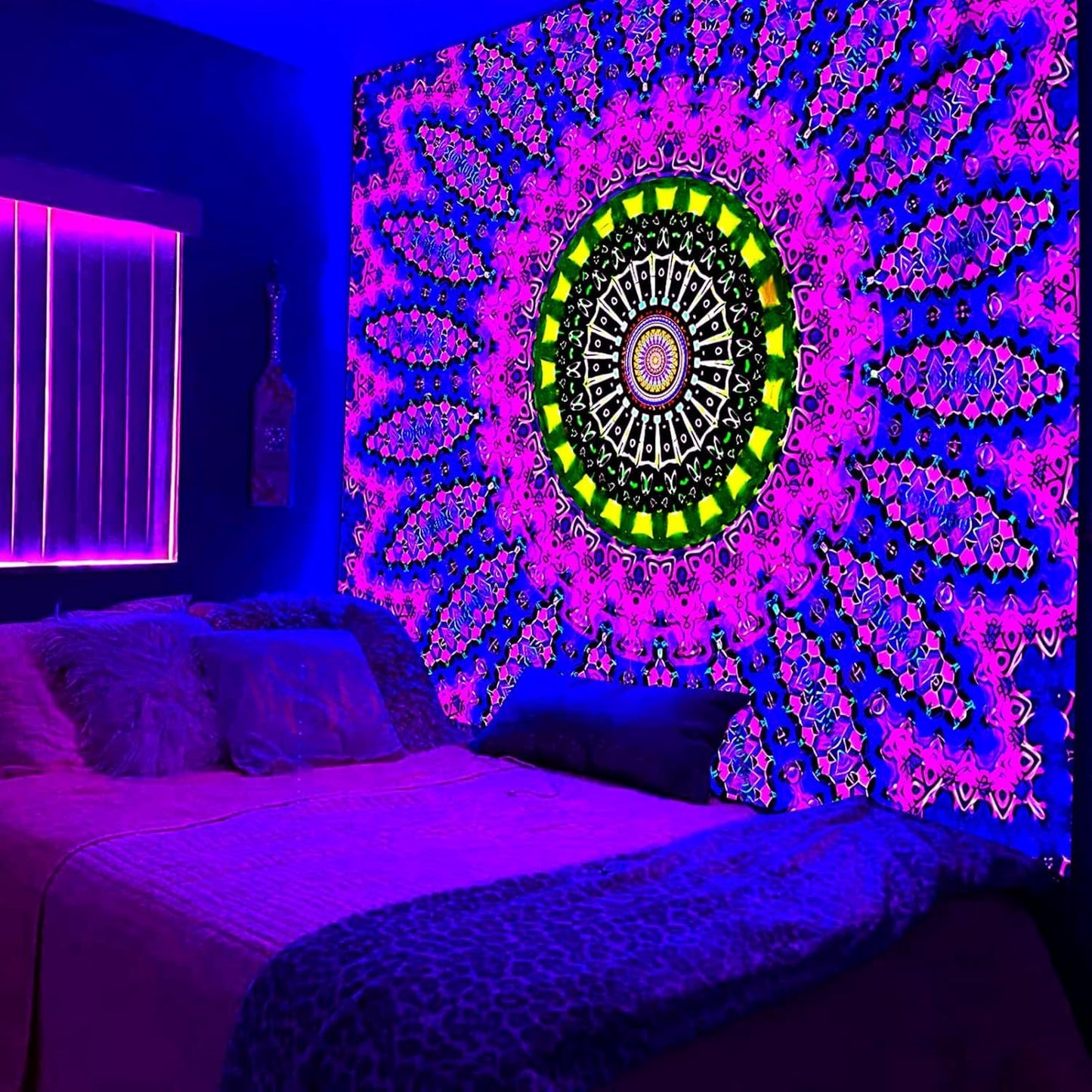PSYHILAR Blacklight Mandala Tapestry for Bedroom, XL Black Light Posters for Adults and Teens, Red UV Reactive Aesthetic Bohemian Wall Art Decor (90 x 70 Inches)