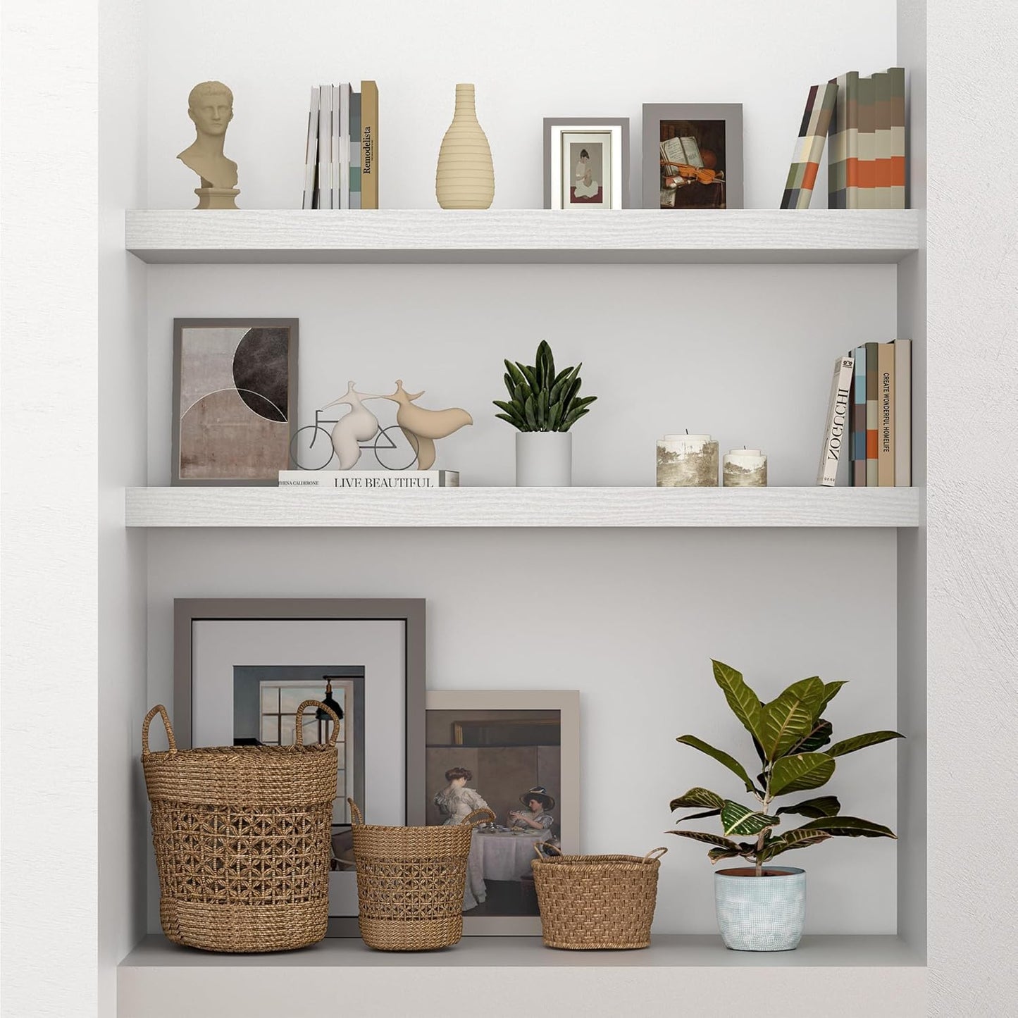 10 inch Deep Wall Shelves 36 inche Long, 1.8 Thick Single Floating Shelf Wall Mounted, Heavy Duty 70 lbs Shelves for Bedroom, Books, Living Room, Kitchen, Office Modern Farmhouse Decor, White