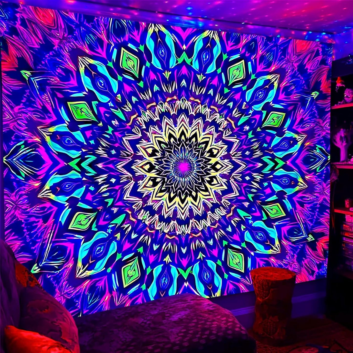 Blacklight Mandala Tapestry for Bedroom, Black Light Posters for Adults and Teens, Colorful UV Reactive Aesthetic Bohemian Wall Art Decor (40 x 30 Inches)