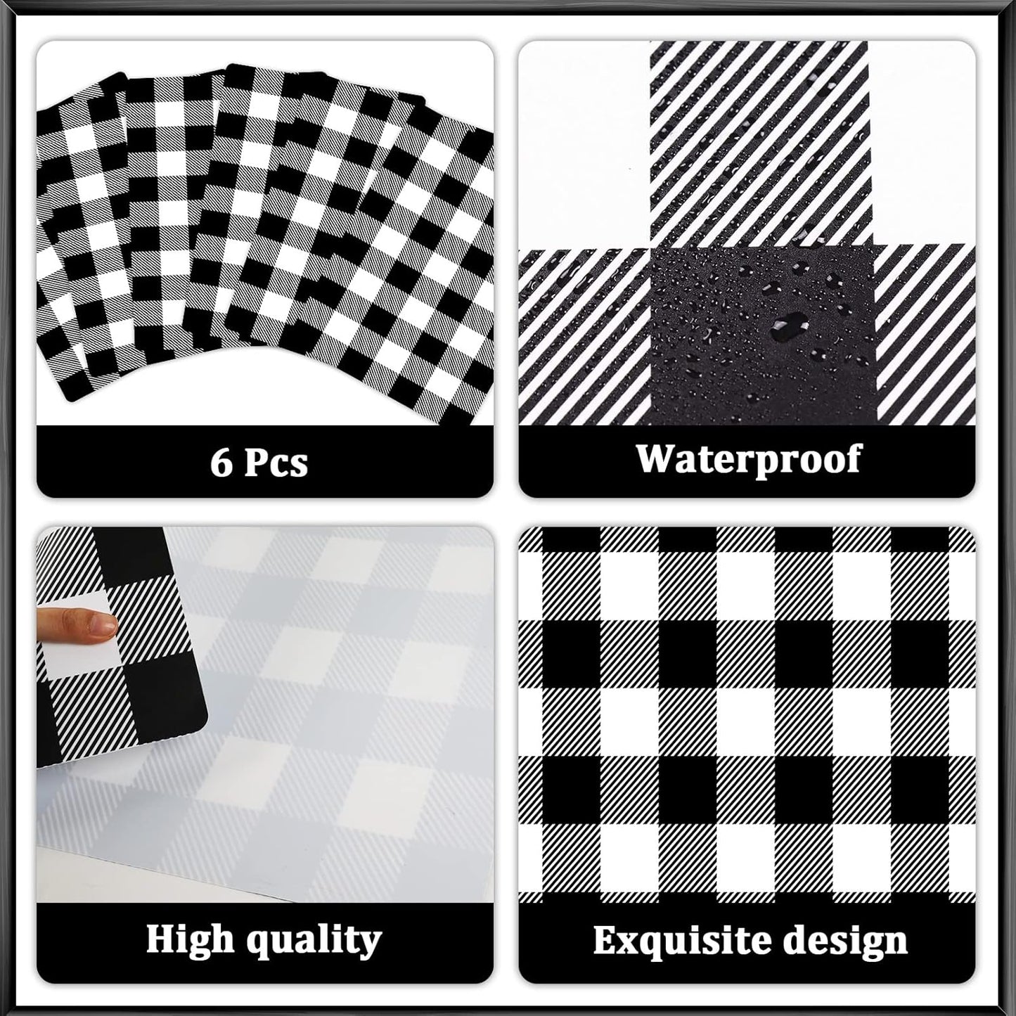 Black and White Plastic Placemats Set of 6 Check Plaid Table Mats Black Buffalo Plaid Place Mats Wipe Clean Washable Table Placemats for Indoor Outdoor Heat Resistant Kitchen Dining Table