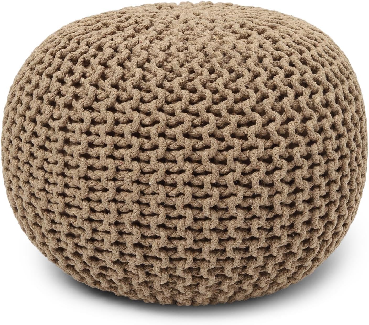 REDEARTH Round Pouf Ottoman - Hand Knitted Cable Boho Poof Home Décor Pouffe Circular Footrest for Living Room - Bedroom - Lounge - 100% Cotton (19.5"x19.5"x14") - Beige