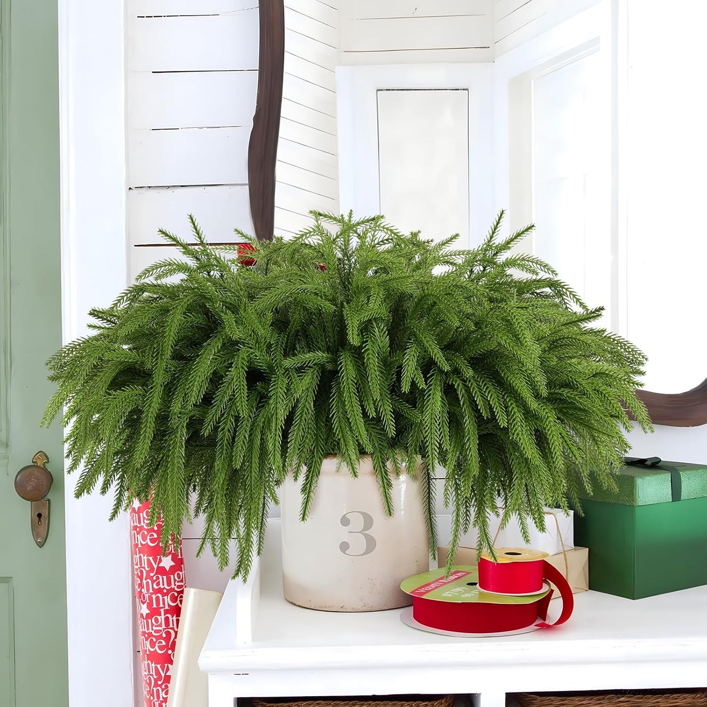 12 Pcs Artificial Norfolk Pine Branches, Norfolk Pine Artificial Pine Stems DIY Crafts Faux Christmas Greenary Norfolk Pine Branches for Xmas Wreath Garland Home Decor (12)
