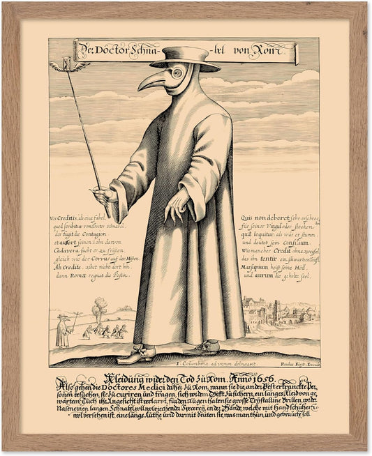Poster Master Vintage Medieval Poster - Retro Illustration Print - Gift for Friend - Plague Doctor, Pandemic Mask, Physician, Black Death - Wall Decor for Home, Living Room, 8x10 Beige Framed