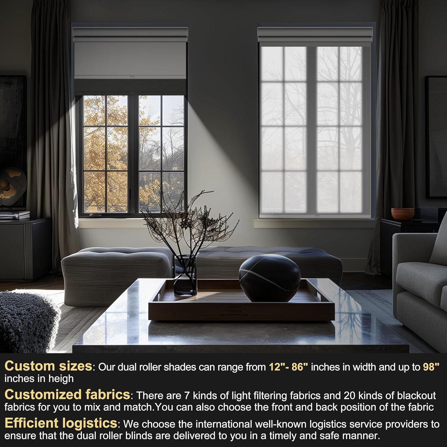 Berissa Cordless Dual Roller Shades With Cassette Valance, Blackout and 5% Light Filtering, Day and Night Shades for Home Office. Striped Jacquard Grey & White. Custom Sizes