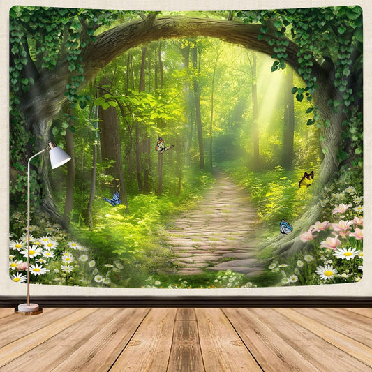 Nature Enchanted Forest Tapestry, Fantasy Green Jungle Woodland Lanscape Tapestries Wall Hanging, Psychedelic Fairy Tree Cave Forest Tapestry for Bedroom Backdrop Office, 60X40