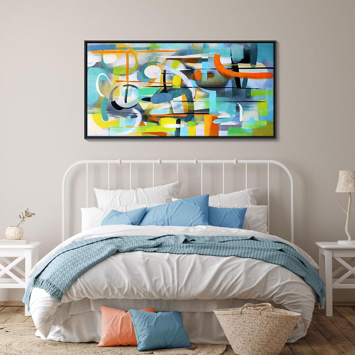 Mofutinpo Abstract Wall Art- Framed Modern Colorful Canvas Wall Pictures-Teal And Blue Line Art -Pictures for Living Room Wall Decoration- Graffiti Paintings for Bedroom-Office Wall Decor 24×48IN