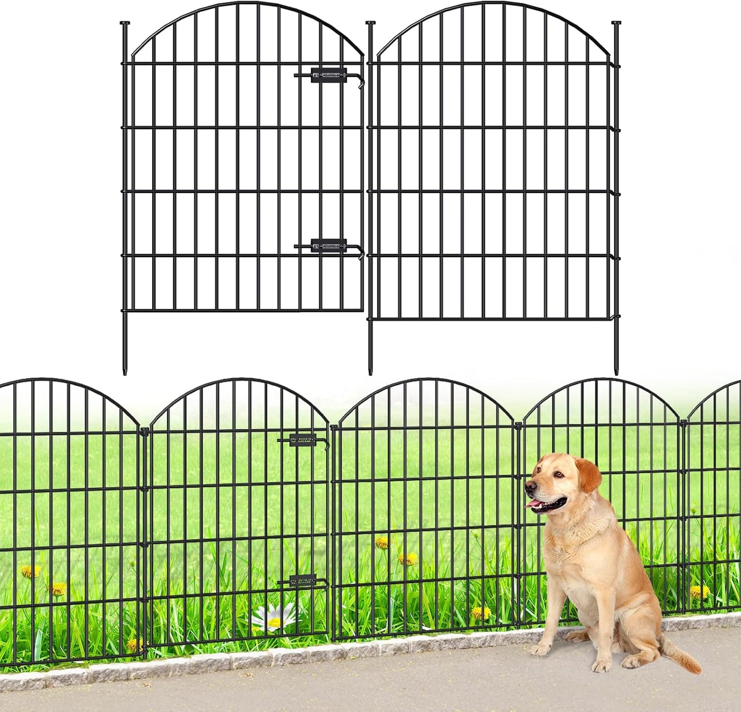 Metal Garden Fence with Gate 36in (H) x 18.7ft (L), 1 Gate+7 Panels Dog Fence Border Fence Animal Barrier, No Dig Garden Fencing for Yard Flower Bed Lawn Patio Outdoor,ECG3508,Black