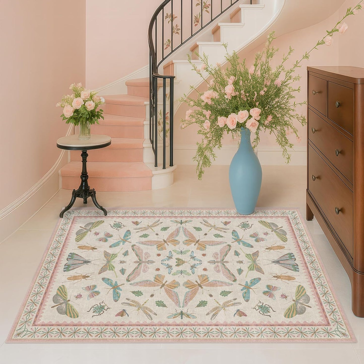Neutral Girl Nursery Rug 4x6 - Beige & Pink Rugs for Bedroom, Living Room - Washable Low Pile Non-Slip Charming Insect Print Vintage Girly Design, Perfect for Kids Rooms
