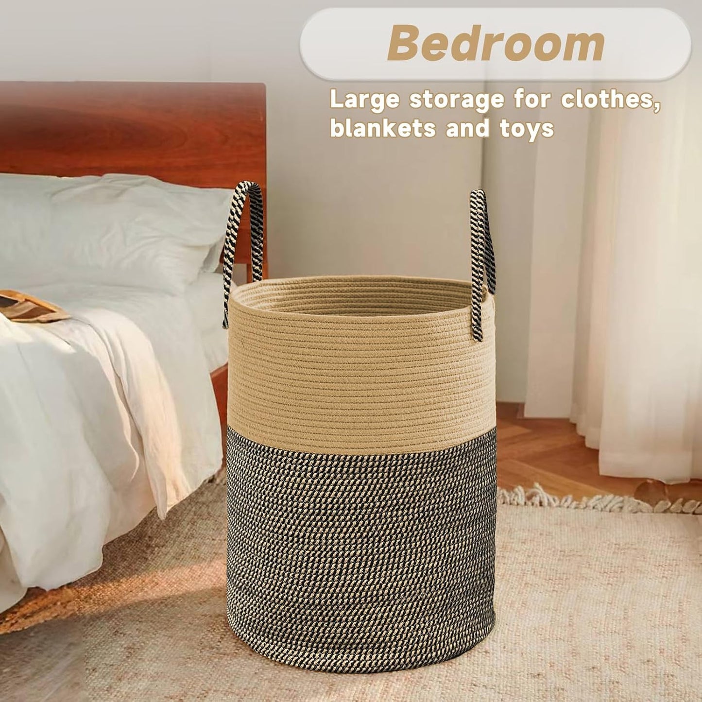 Large Woven Laundry Basket Hamper,80L Cotton Rope Storage Bin for Blankets,Toys and Clothes,Decorative Tall Nursery Hamper for Living Room,Baby Nursery,Bathroom and Bedroom,Brown and Black