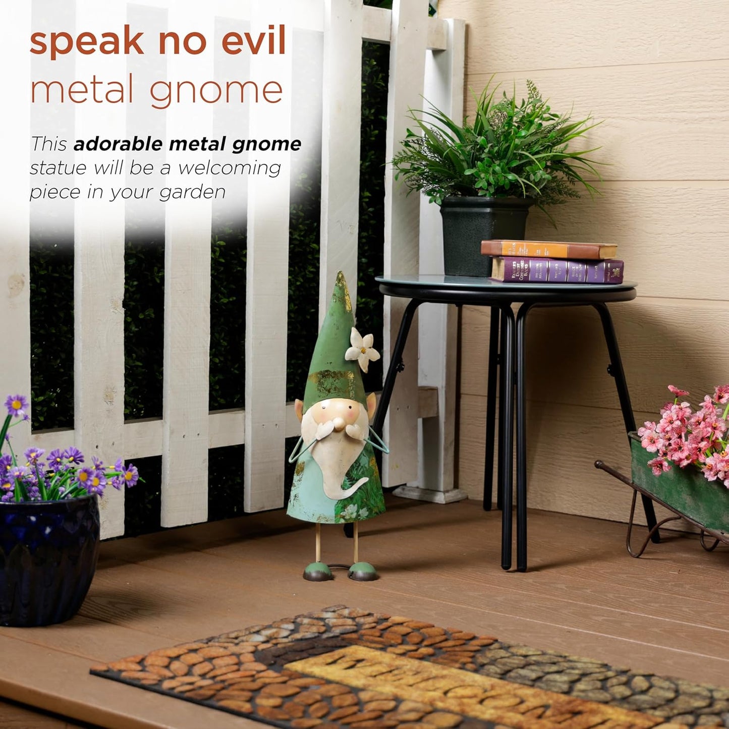 Alpine Corporation - 18" Tall Outdoor Garden Gnome Yard Decoration - Metal Statue with Speak No Evil Expression - Durable, Weatherproof Lawn Sculpture for Patio, Deck, Yard