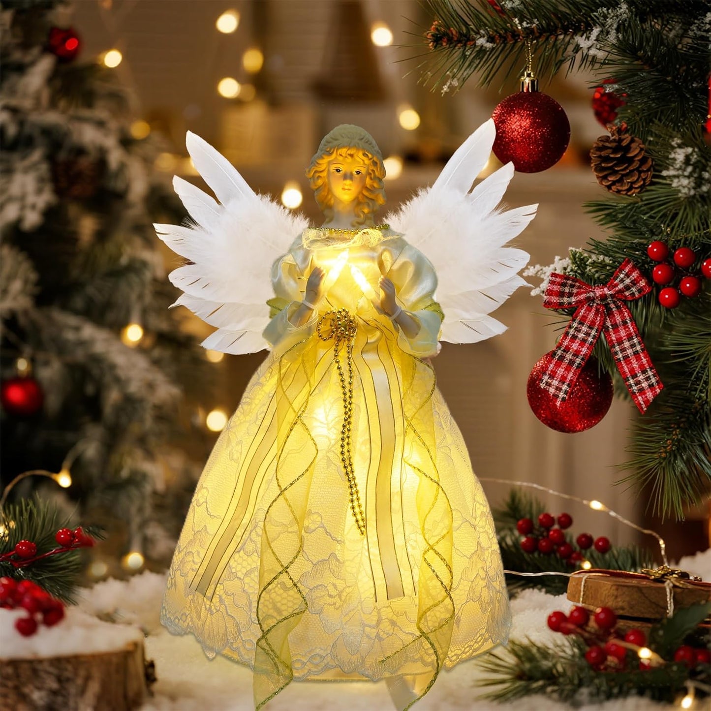 YOFIT 12-inch Lighted Angel Christmas Tree Topper - Battery Operated with Warm White LED Lights, Angel Ornaments for Xmas Tree Decor, Home Holiday Decorations