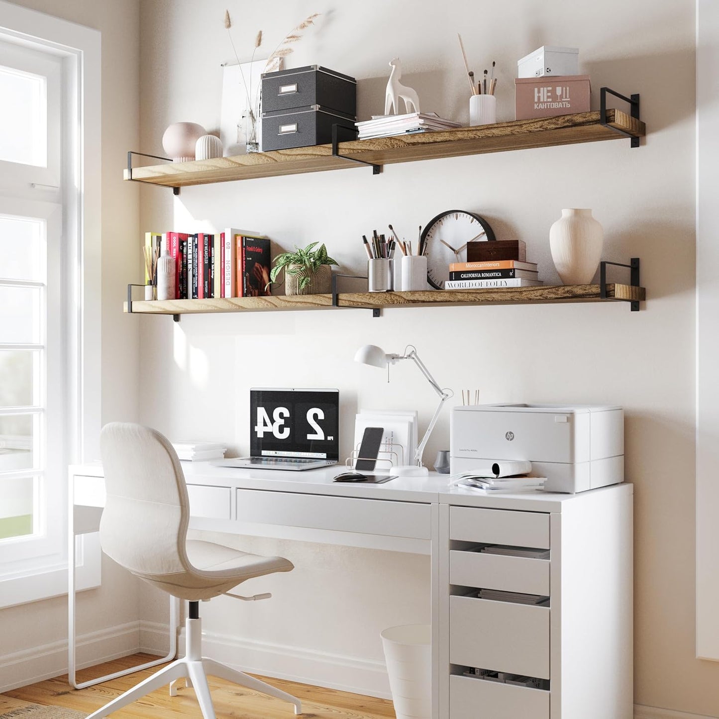 Wallniture Toledo 72 inch Floating Shelf with Heavy Duty Bookend Brackets, Wooden Shelves for Wall, 1pc, Burnt Finish