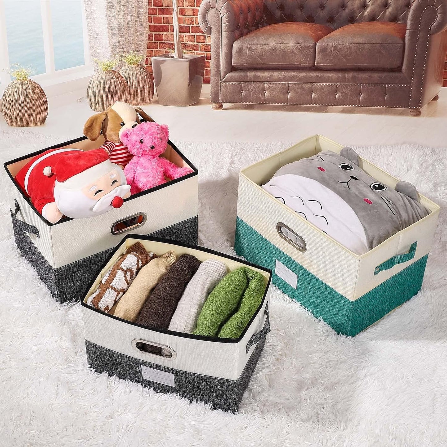 Large Linen Fabric Foldable Storage Bins with Removable Lid and Handles, Washable Storage Box Organizer Containers Baskets Cube with Cover for Bedroom,Office (Coffee&Cream, Large(2-Pack))