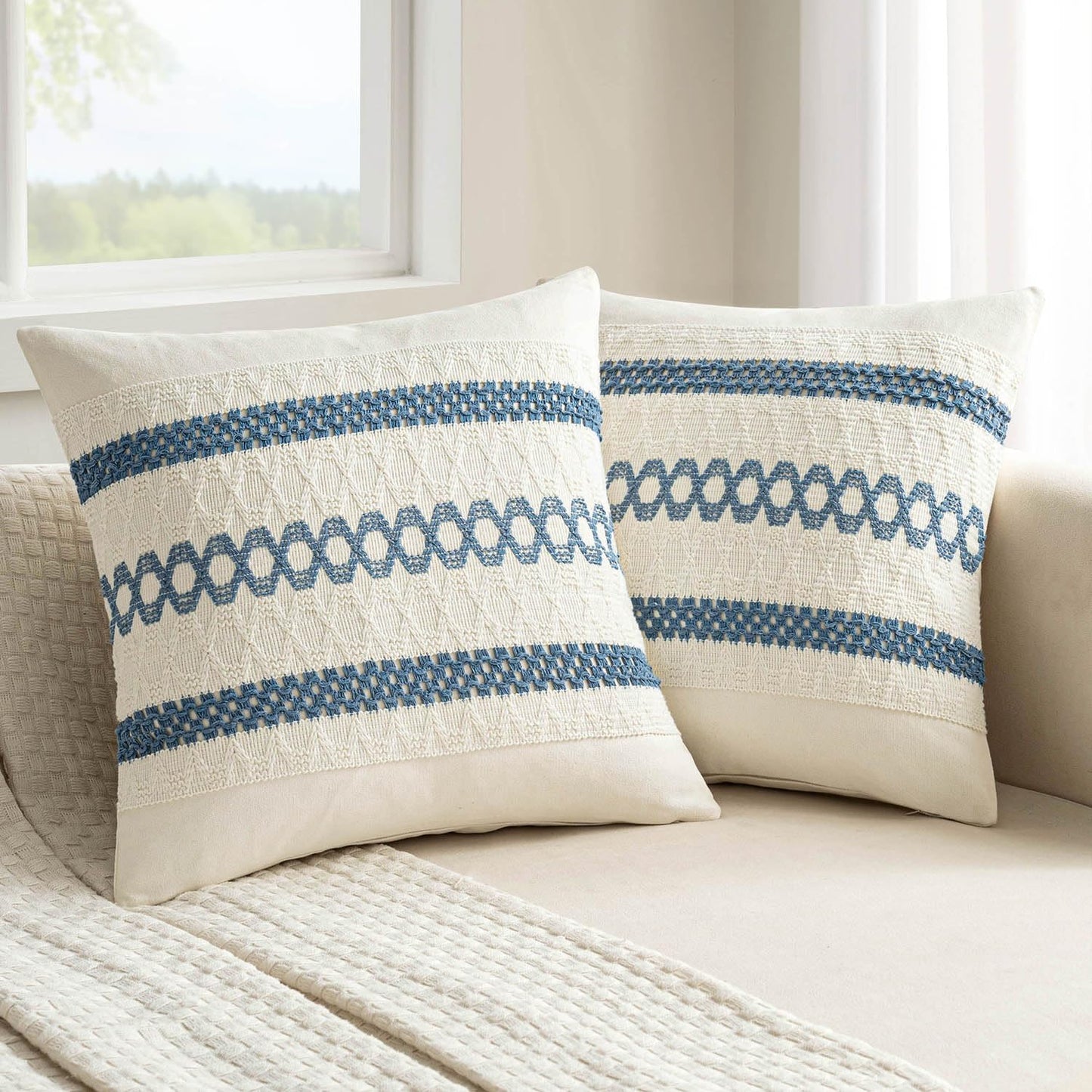 MIULEE Set of 2 Coastal Blue Boho Decorative Pillow Covers 16x16 Inch Farmhouse Rustic Couch Throw Pillows Modern Cotton Cushion Covers Retro Cute Macrame Woven Home Decor for Bed Sofa Chair