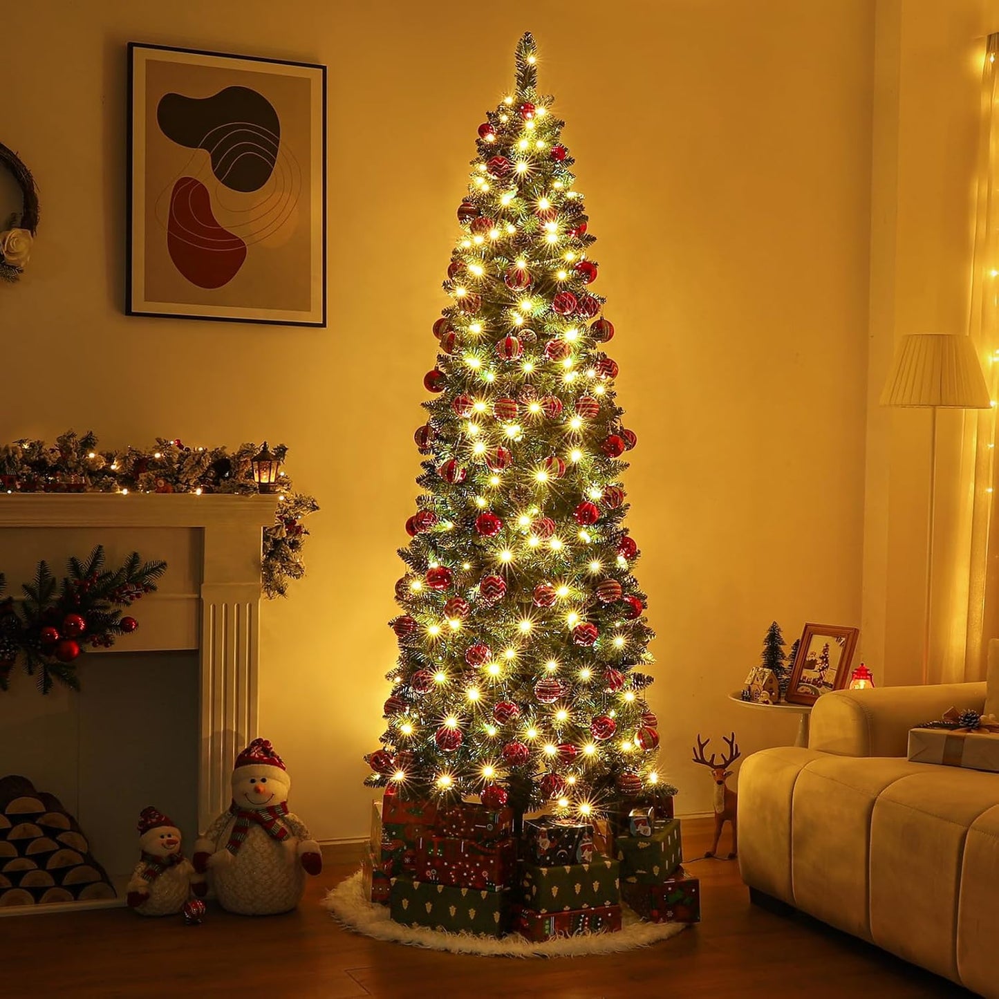 Homde Pencil Christmas Tree 5 Foot Pre-Lit Artificial Christmas Tree with Flocked Snow Pine Cone 140 Warm White Light Holiday Decor