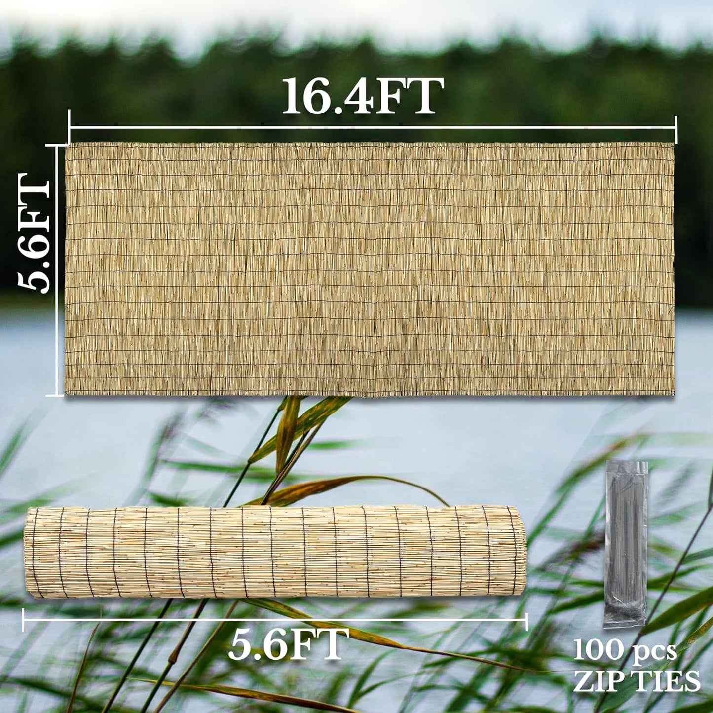 Natural 5.6FT X 16.4FT Reed Fencing Roll, Balcony Privacy Reed Shade Bamboo Fencing Garden Fence Border, Wind Block Sunshade Fence Screen for Outdoor Yard Patio Flower Bed Edge
