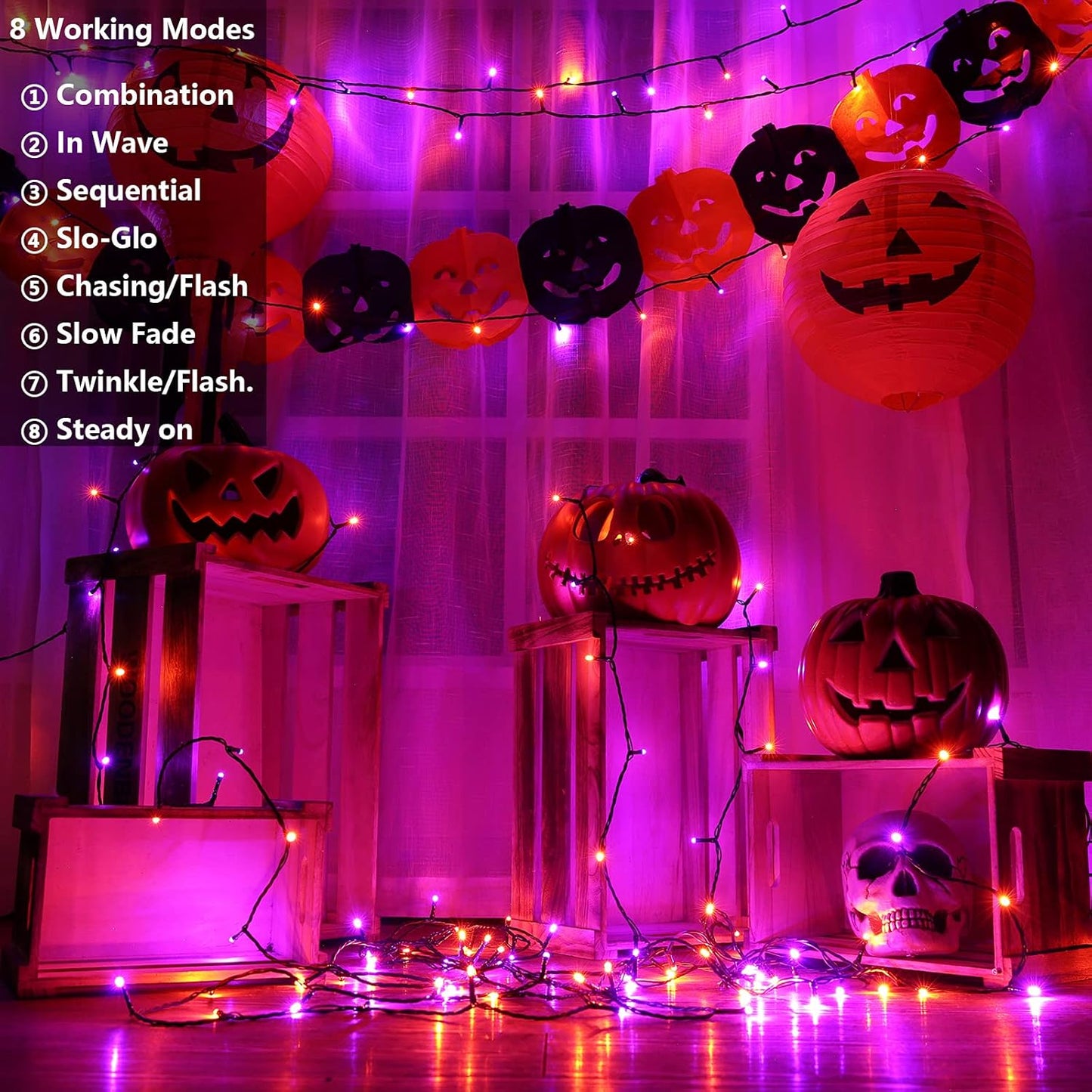 Joomer 2 Pack Orange Purple Halloween Solar String Lights Total 144 FT 400 LED 8 Modes Waterproof Solar Halloween Lights Outdoor for Halloween Decorations
