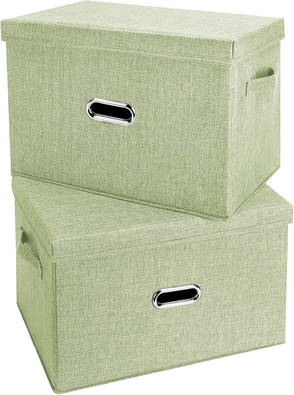Large Linen Fabric Foldable Storage Bins with Removable Lid and Handles, Washable Storage Box Organizer Containers Baskets Cube with Cover for Bedroom,Closet,Office (Green, Medium(2-Pack))