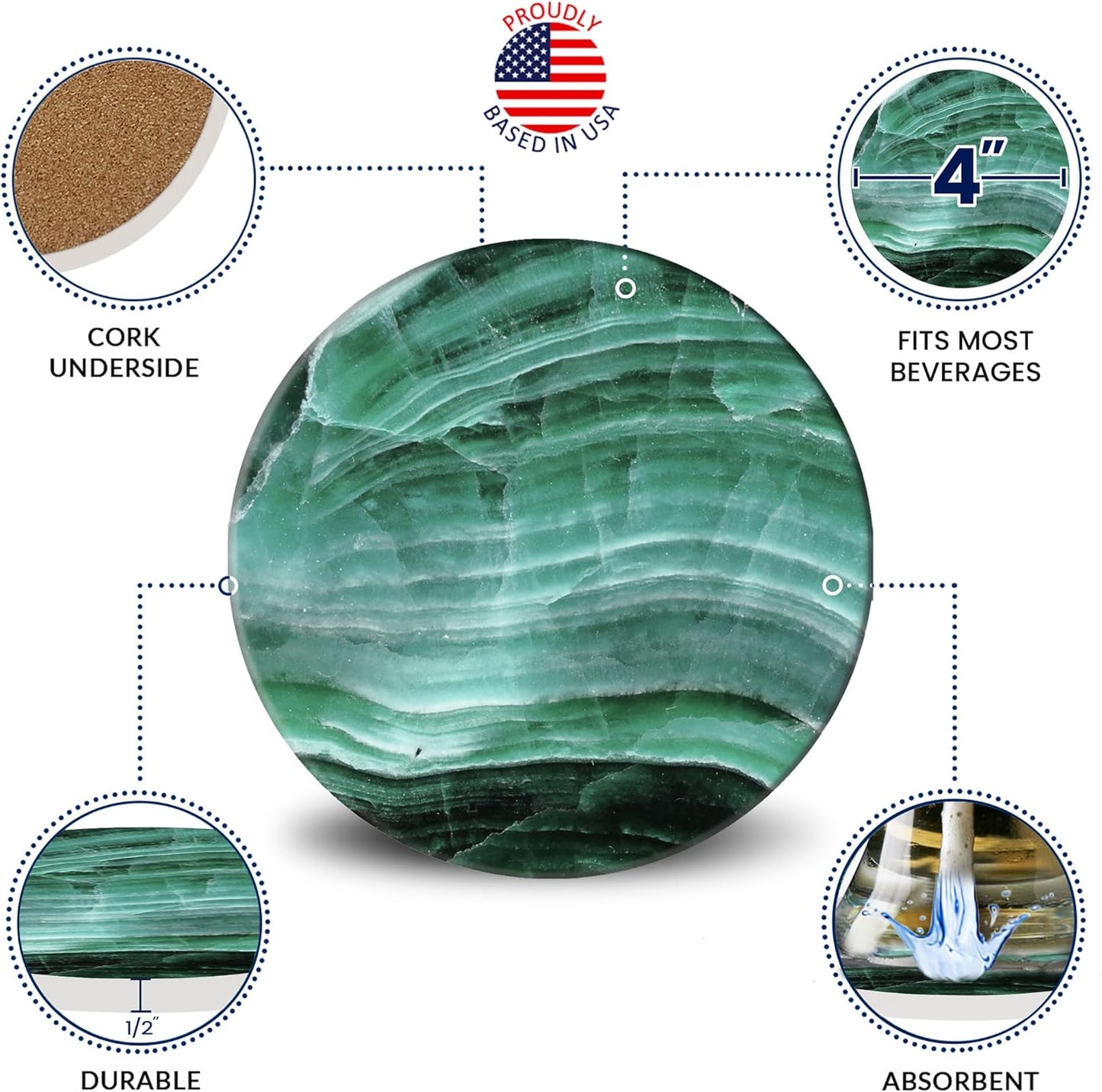 Emerson Coasters for Drinks Absorbent – Dining Table Set of 6 with Holder, 100% Ceramic Wooden Tabletop Protection Marble Style - Non-Slip & Cork Bottom - Heavy Duty (Nova)