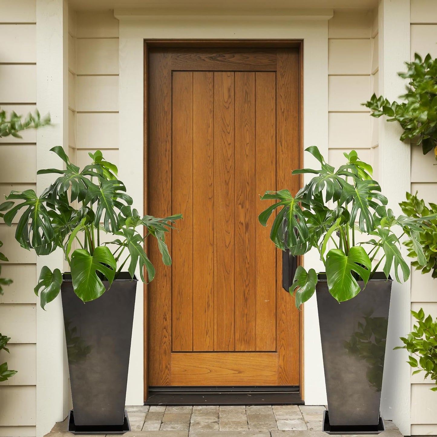 KOL 25''H. Bright Glazed Planter with Drainage Hole, Set of 2, Tall Galvanized Steel Planter Pots with Saucer for Indoor & Outdoor Use, Decorative Flower Plant Pots for Porch, Patio, Deck - Black