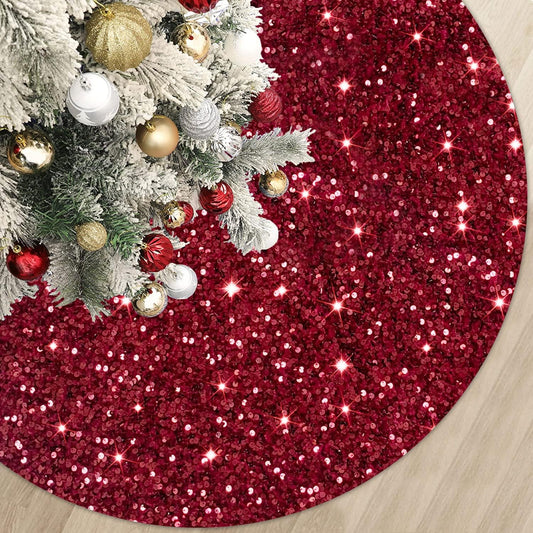 MODFUNS Burgundy Merry Christmas Tree Skirt 21 Inch Sequins Christmas Tree Cover Round Small Xmas Tree Skirt Classic Glittery Tree Base Carpet for Christmas Halloween Birthday Party Banquet Decoration