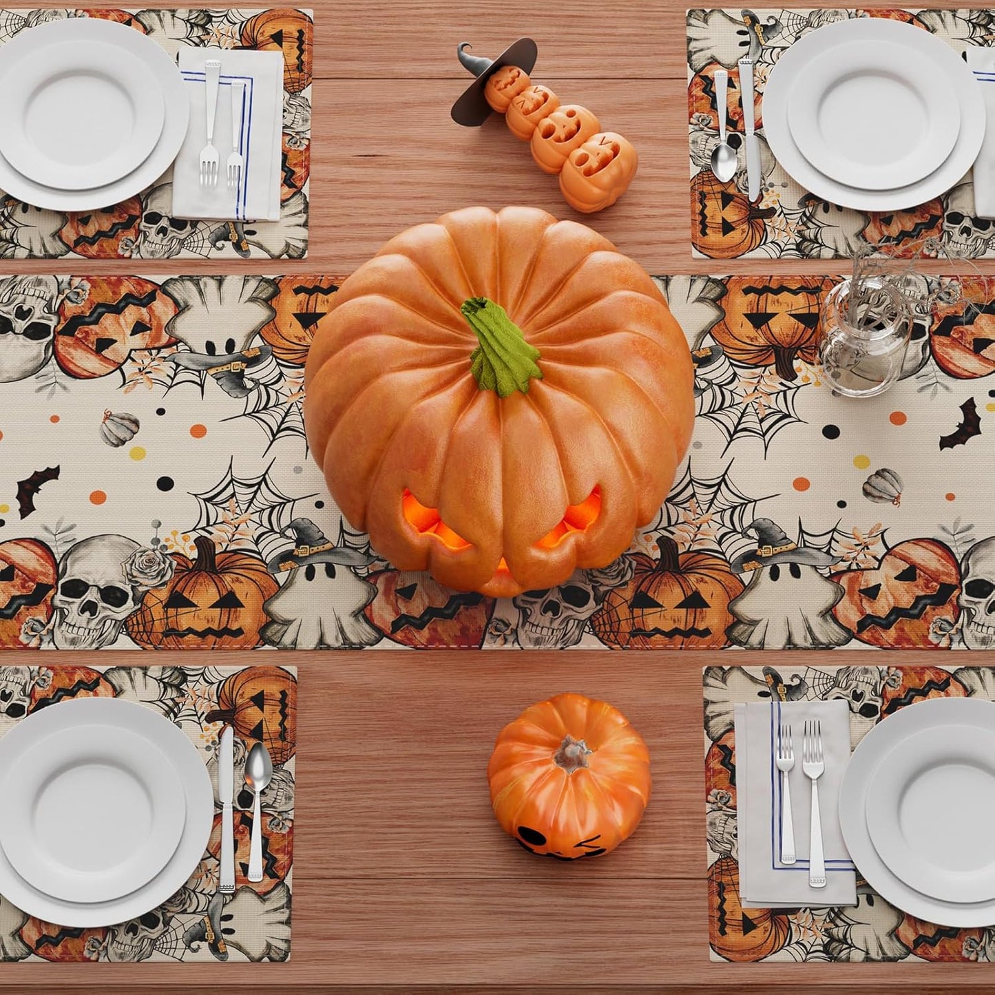 XCHI Spooky Skeleton Ghost Pumpkin Halloween Table Runner Party Table Decoration for Home Kitchen Dining Holiday Decor 13x72 Inch