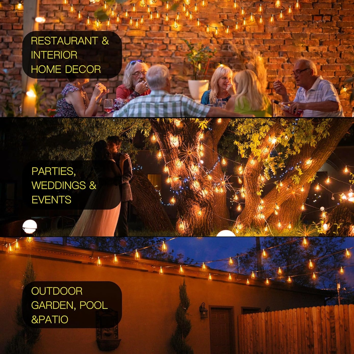 OHLUX 120FT Outdoor String Lights, 62 ST38 Edison LED Bulbs, E12 Base, 2200K Cafe Warm Color, Max.Connectable 14 Strands, Anti-Fall & Waterproof, Dimmable, Hanging for Outside Patio Backyard Bistros