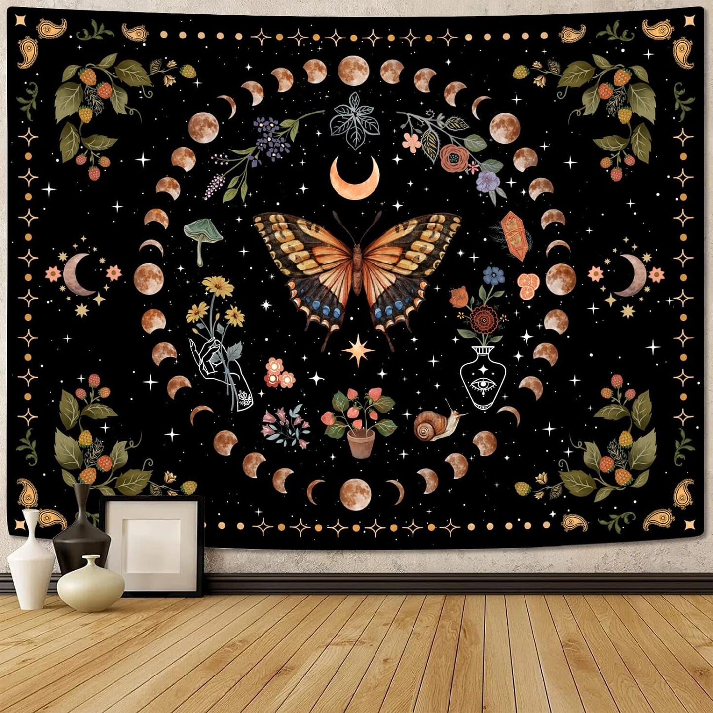 Aipon Yellow Butterfly Moon Flower Tapestry Botanical Floral Plant Boho Tapestry for Bedroom Aesthetic Vintage Tapestries Wall Hanging for Living Room Dorm (68.00'' × 90.00'', Yellow)