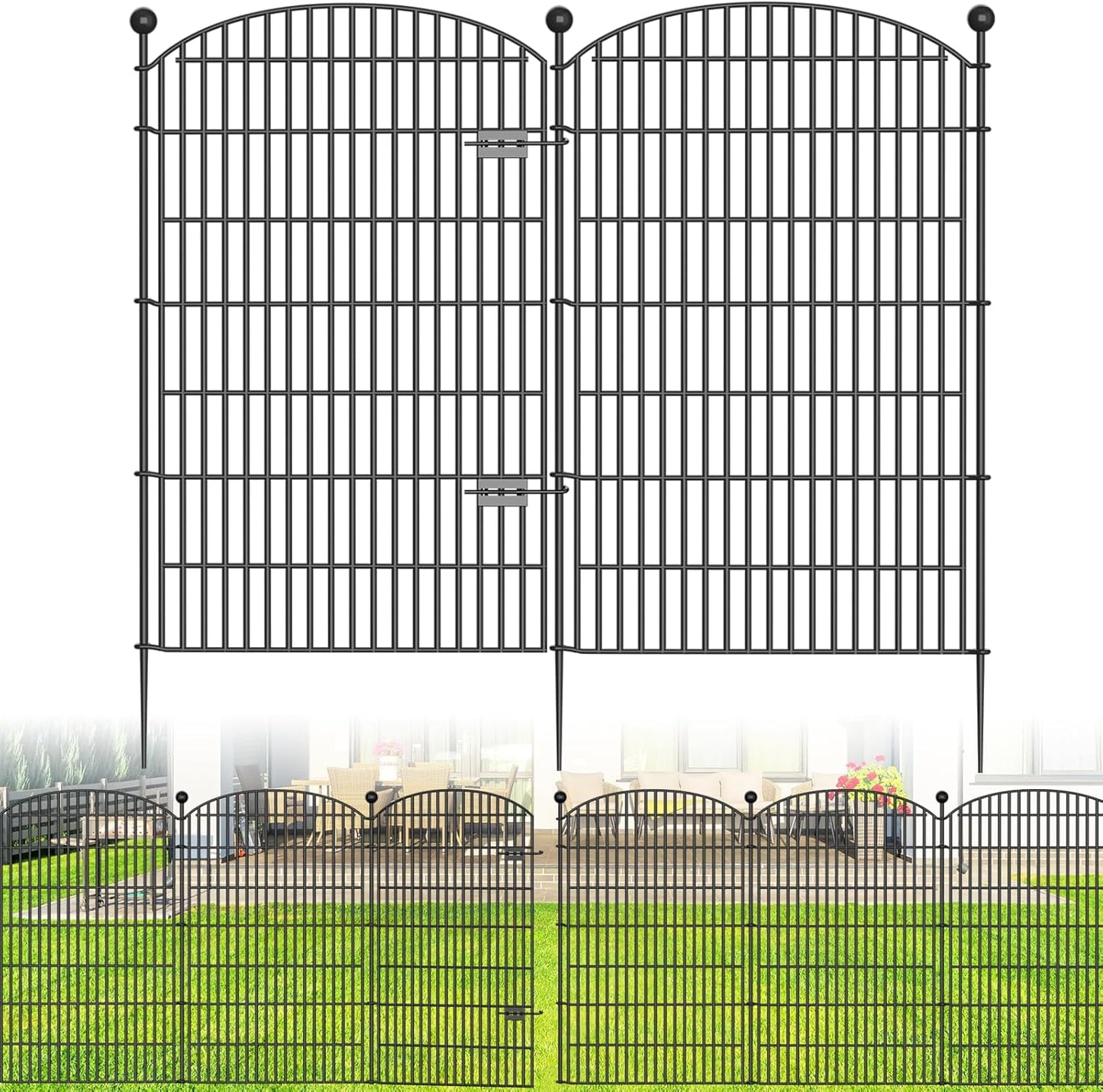 No Dig Decorative Garden Fence 4 Panels with Gate, 48 in (H) x 10.4 ft (L), Dog Fence Outdoor for Yard，Rustproof Metal Animal Barrier Ground Stakes Fencing for Garden, Patio, Flower Bed