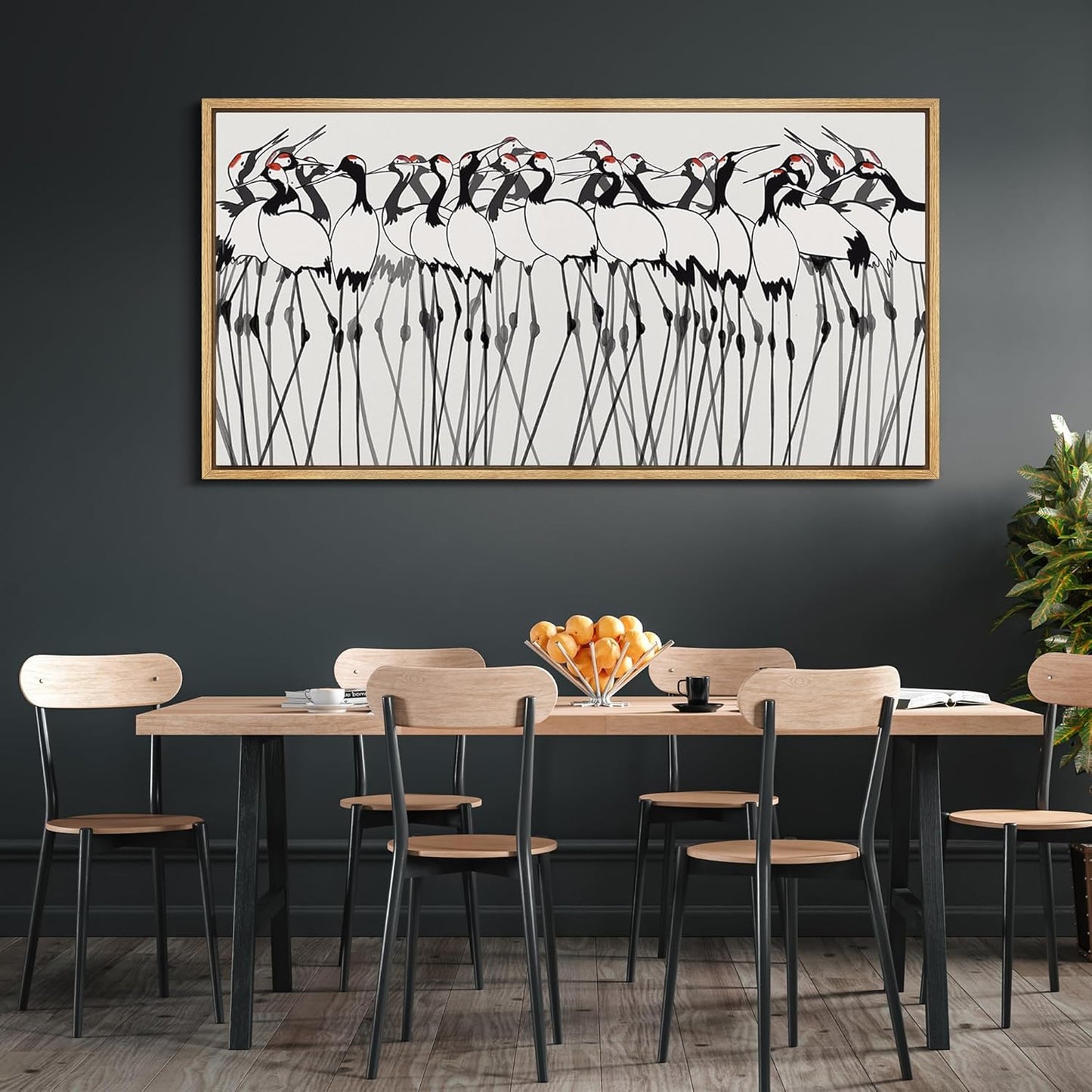 MUDECOR Extra Large Framed Canvas Print Wall Art Minimalist Crane Flock Japanese Ink Style Bird Illustrations Decorative Colorful Multicolor for Bedroom - 60"x30"