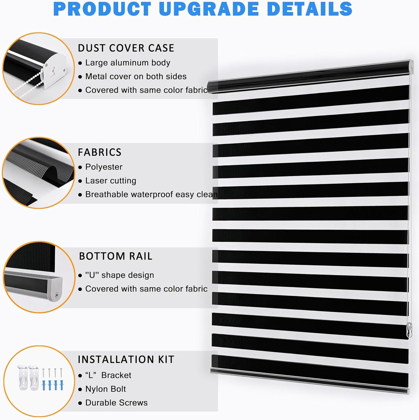 Blackout Zebra Blinds, Dual Layer Free-Stop, Room Darkening Zebra Shades, Blinds for Indoor Windows, Light Filtering Privacy Sheer Shade for Home(39" W X 72" H, Black)