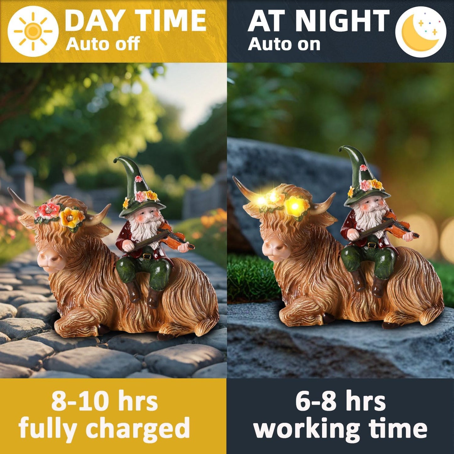 Solar Highland Cow Figurines for Garden with Gnome Playing The Violin 6.7" Resin Garden Gnomes Outdoor Patio Yard Lawn Porch Decor Birthday Housewarming Gifts for Women Mom Grandma Wife Sister Friend